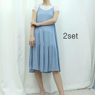 Set: Round-neck T-shirt + Sleeveless Tiered Dress