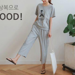 Set: Round-neck Printed T-shirt + Band-waist Wide-leg Pants