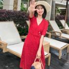 Dotted Elbow-sleeve A-line Wrap Dress