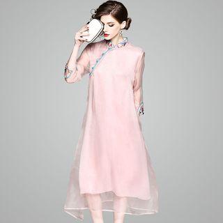 Traditional Chinese 3/4-sleeve Organza Midi Dress
