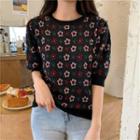 Short-sleeve Floral Jacquard Knit Top Black - One Size