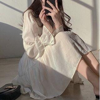Long-sleeve Plain Midi Dress Off-white - One Size