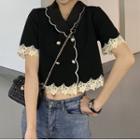 Short-sleeve Lace Trim Crop Shirt Black - One Size