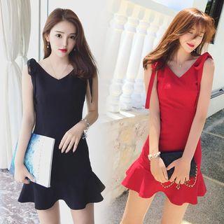Tie-shoulder Sheath Ruffle Dress