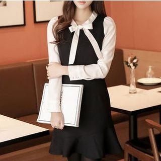 Ruffle Hem Bow Accent Long-sleeve Dress