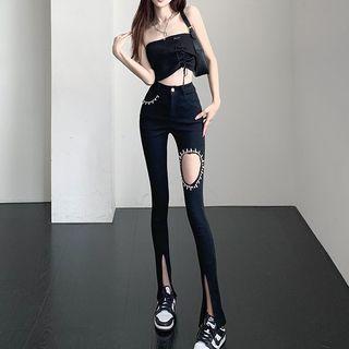 Rhinestone Cutout Bootcut Pants