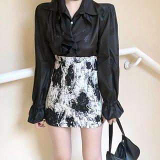 Floral Jacquard Ruffle Trim Blouse / Mini Pencil Skirt
