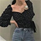 Long-sleeve Ruched Floral Slim Fit Crop Top Floral - Black - One Size