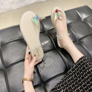 Butterfly Applique Faux Pearl Flat Slide Sandals