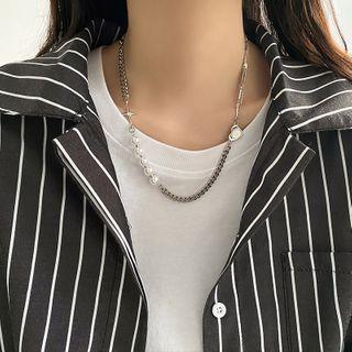 Faux Pearl Stainless Steel Heart Necklace 1 Pc - Silver - One Size