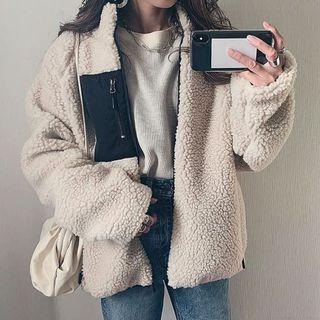 Stand Collar Two-tone Zip-up Fleece Jacket Beige - One Size