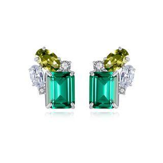 Sterling Silver Fashion And Elegant Geometric Rectangular Stud Earrings With Green Cubic Zirconia Silver - One Size