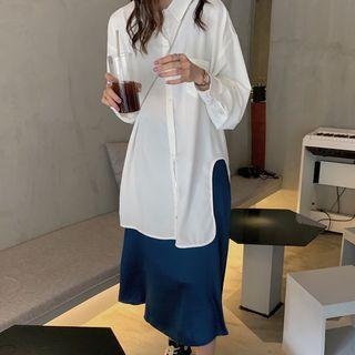 Side-slit Oversize Shirt / High-waist Midi A-line Skirt