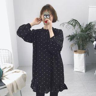 Frill Hem Dotted Long Sleeve Chiffon Dress