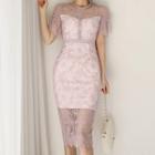 Short-sleeve Lace Overlay Midi Sheath Dress