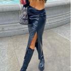 Faux Leather Ruched Slit Midi Sheath Skirt