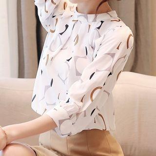 Tie-neck 3/4-sleeve Printed Chiffon Blouse