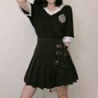 Embroidered Elbow-sleeve T-shirt / Buckled Pleated Skirt