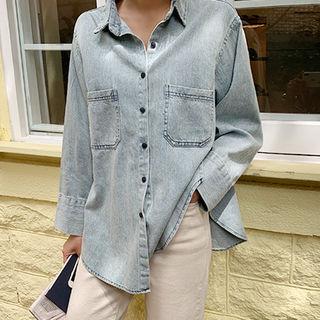 Pocket-front Denim Shirt Light Blue - One Size