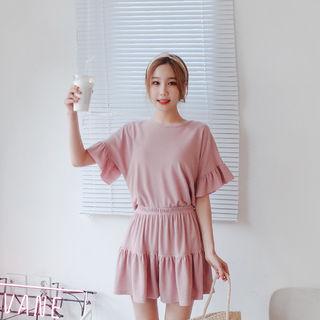 Set: Ruffle-sleeve Top + Tiered Mini Skort