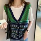 Mock Two-piece Short-sleeve Knit Panel T-shirt Green - One Size