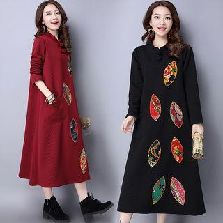 Printed Applique Long Sleeve Mandarin Collar Midi Dress