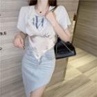 Asymmetrical Denim Pencil Skirt / Short-sleeve T-shirt