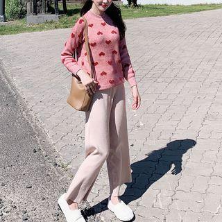 Heart Print Sweater / Straight-cut Knit Pants / Set