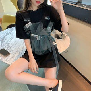 Mock Two-piece Short-sleeve Mesh Ruffle T-shirt