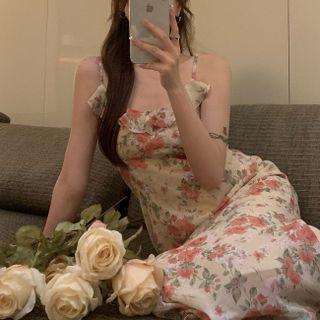 Ruffle Trim Floral Skinny Overall Dress Pink - One Size