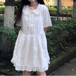 Short-sleeve Collared Frill Trim A-line Dress