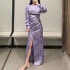 Long-sleeve Slit Hem Paisley Print A-line Dress