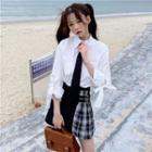 Long-sleeve Shirt / Tie / Mini Plaid Pleated Skirt / Set