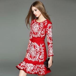 Embroidered Ruffle-hem Sheath Dress