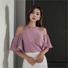 Cutout-shoulder Ruffle Elbow-sleeve Top