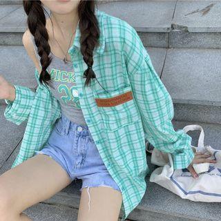 Long-sleeve Plaid Loose-fit Shirt / Gray Lettering Tank Top
