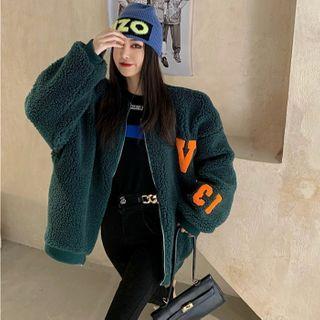 Lettering Fleece Bomber Jacket As Shown In Figure - One Size