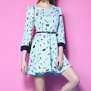 3/4-sleeve Print A-line Dress