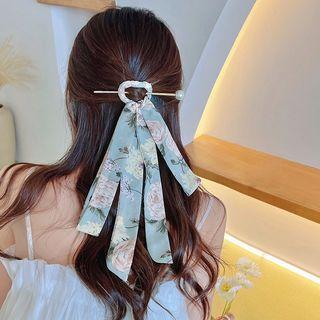 Floral Print Ribbon Faux Pearl Alloy Hair Stick