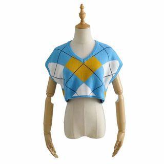 V-neck Argyle Cropped Sweater Vest Blue - One Size