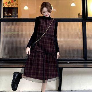 Plaid Midi A-line Mesh Overall Dress Plaid - Black & Red - One Size
