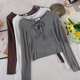 Plain Round-neck Drawstring Long-sleeve Top