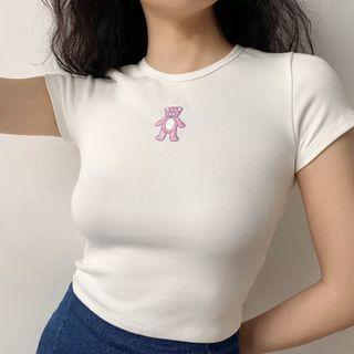 Bear Embroidered Short-sleeve Cropped T-shirt