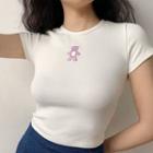 Bear Embroidered Short-sleeve Cropped T-shirt