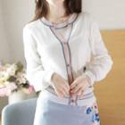 Set: Flower Embroidered Cardigan + Short-sleeve Knit Top