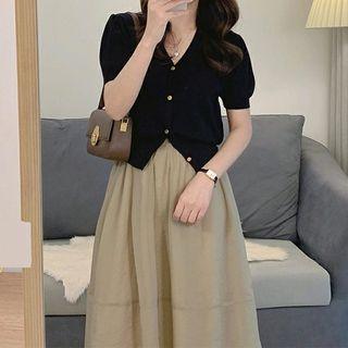 Puff-sleeve Crop Top / Midi A-line Skirt / Set