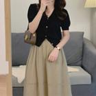 Puff-sleeve Crop Top / Midi A-line Skirt / Set