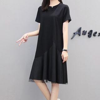Mesh Trim Short-sleeve A-line Dress