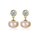 Sterling Silver Plated Gold Simple Geometric Pink Freshwater Pearl Earrings With Cubic Zirconia Golden - One Size