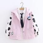 Tie-neck Shirt / Milk Cow Print Single-breasted Hooded Jacket / Set